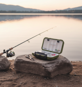 Waterproof fishing tackle box with multiple compartments for lures, hooks, and gear